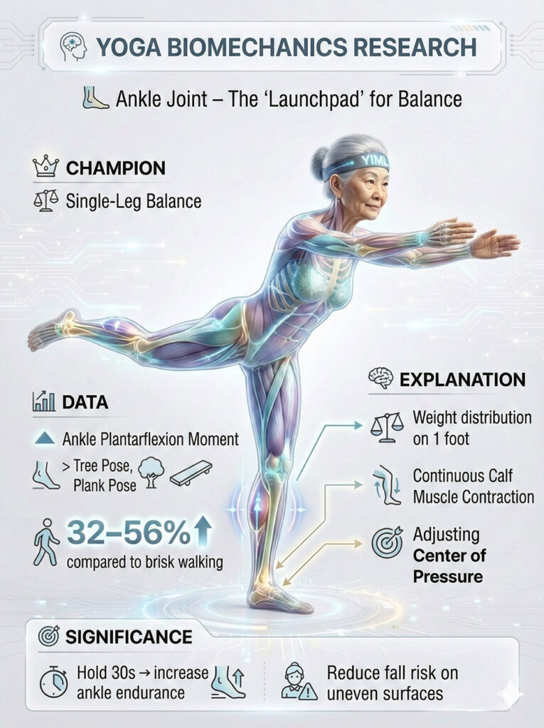 Biomechanical analysis of the ankle joint in seniors during Single-leg balance, showing a 32–56% increase in plantarflexion moment compared to walking for improved ankle endurance and fall prevention.