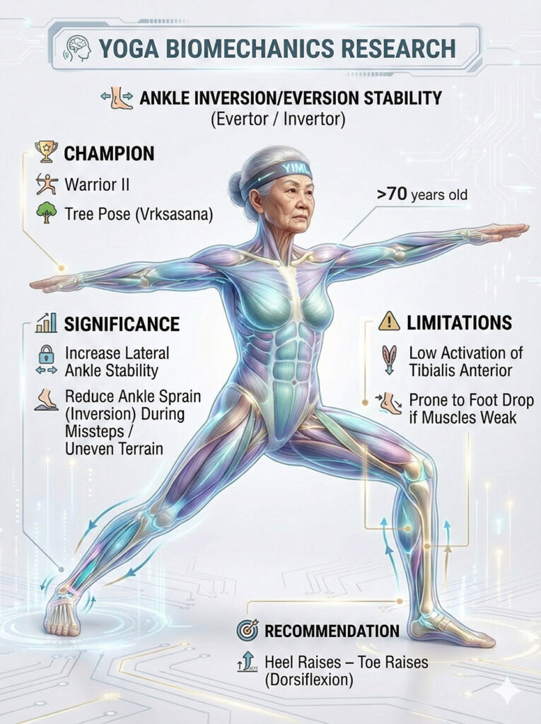 Biomechanical infographic on ankle inversion/eversion stability in seniors, identifying Warrior II and Tree pose as key for lateral stability and sprain prevention, while noting low Tibialis Anterior activation and recommending heel/toe raises.