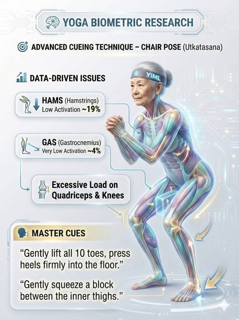 Advanced biomechanical cueing for Chair pose (Utkatasana) in seniors, addressing low posterior chain activation (HAMS ~19%, GAS ~4%) to mitigate excessive knee loading through toe-lifting and block-squeezing cues.