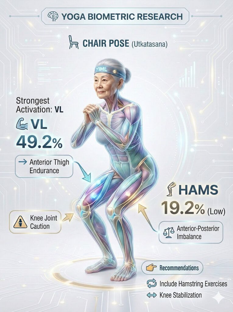 Biomechanical analysis of Chair pose (Utkatasana) in seniors, showing peak Vastus Lateralis activation (49.2%) for quadriceps endurance and identifying potential anterior-posterior muscle imbalance for knee safety