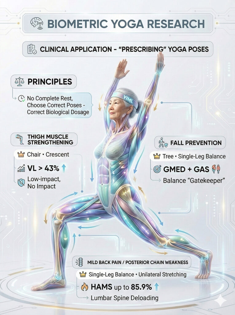 Clinical application infographic for "prescribing" yoga poses to seniors, categorizing Chair and Crescent for thigh strengthening (VL >43%), Tree and Single-Leg balance for fall prevention (GMED/GAS), and Unilateral stretching for back pain (HAMS up to 85.9%).
