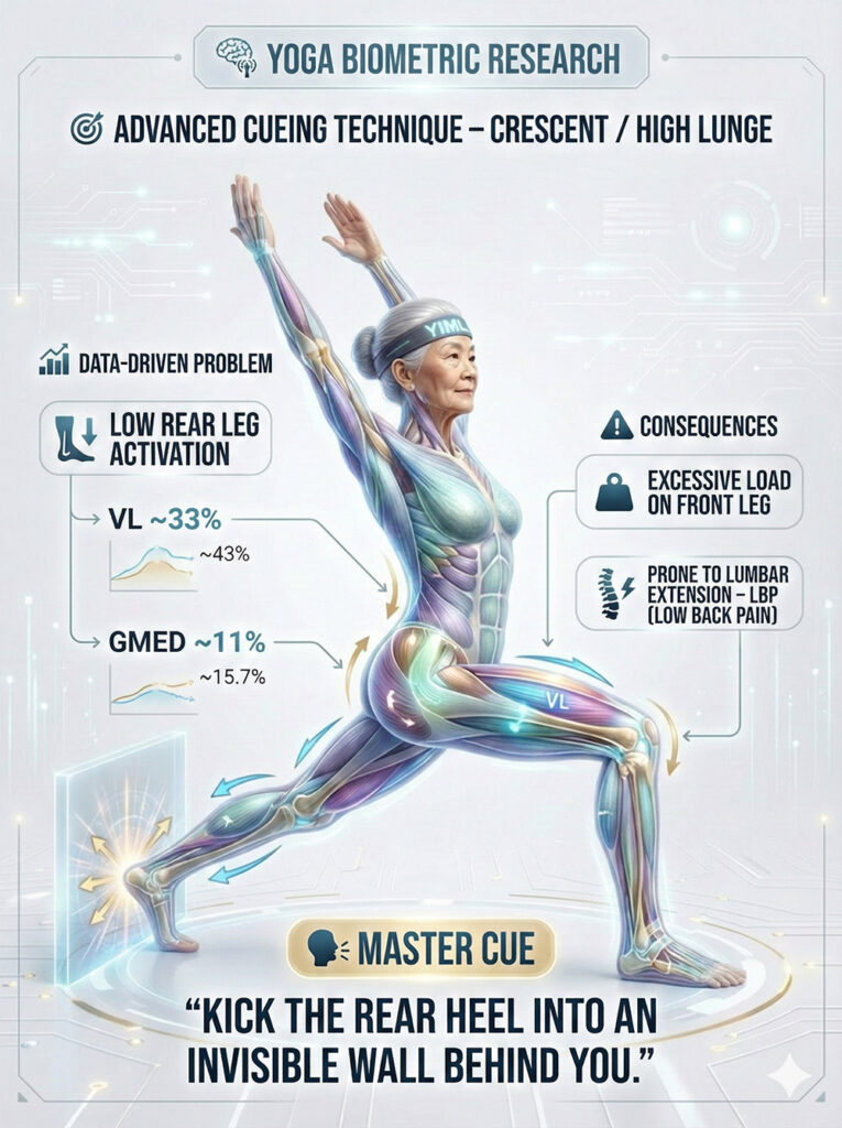 Advanced biomechanical cueing for Crescent Lunge in seniors, addressing low rear leg activation (VL ~33%, GMED ~11%) to prevent excessive front leg load and lumbar extension through the "invisible wall" heel kick cue