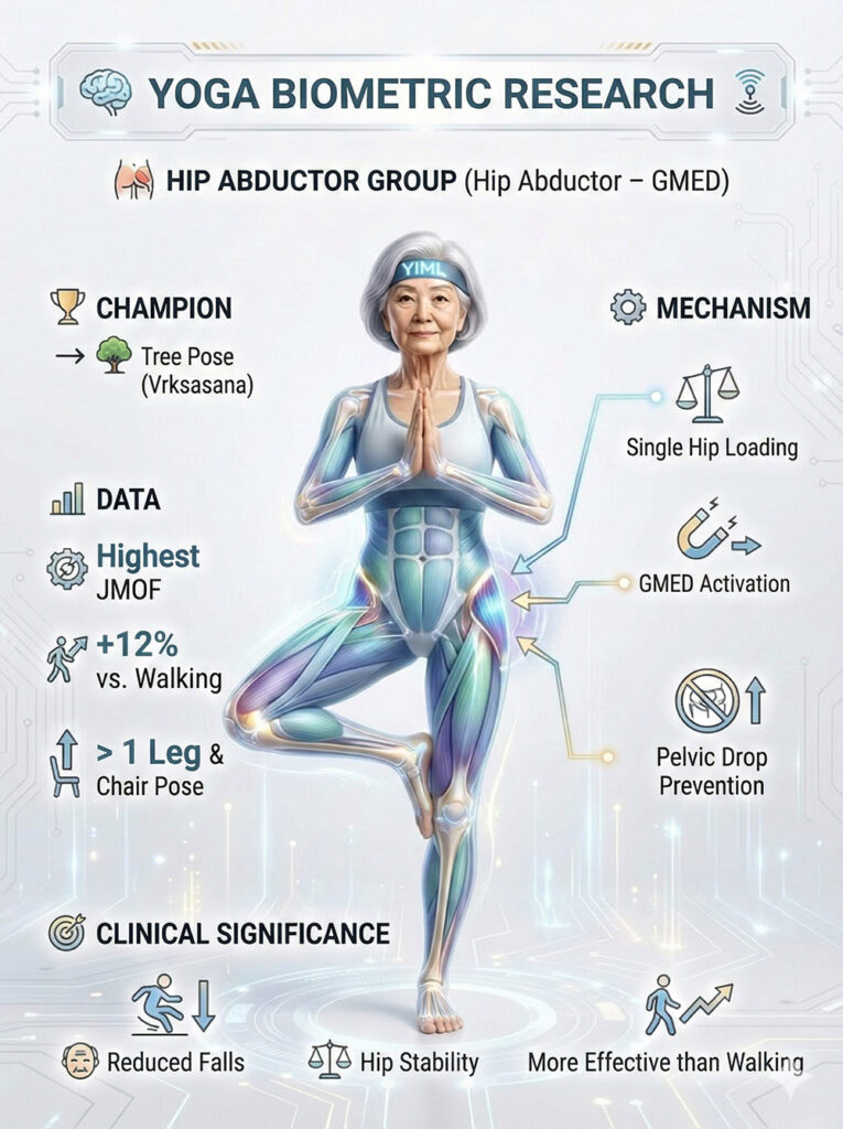 Biomechanical infographic of Tree pose (Vrksasana) analyzing the Hip Abductor group (GMED) in seniors, showing peak JMOF (+12% vs. walking) for pelvic stabilization and fall prevention.