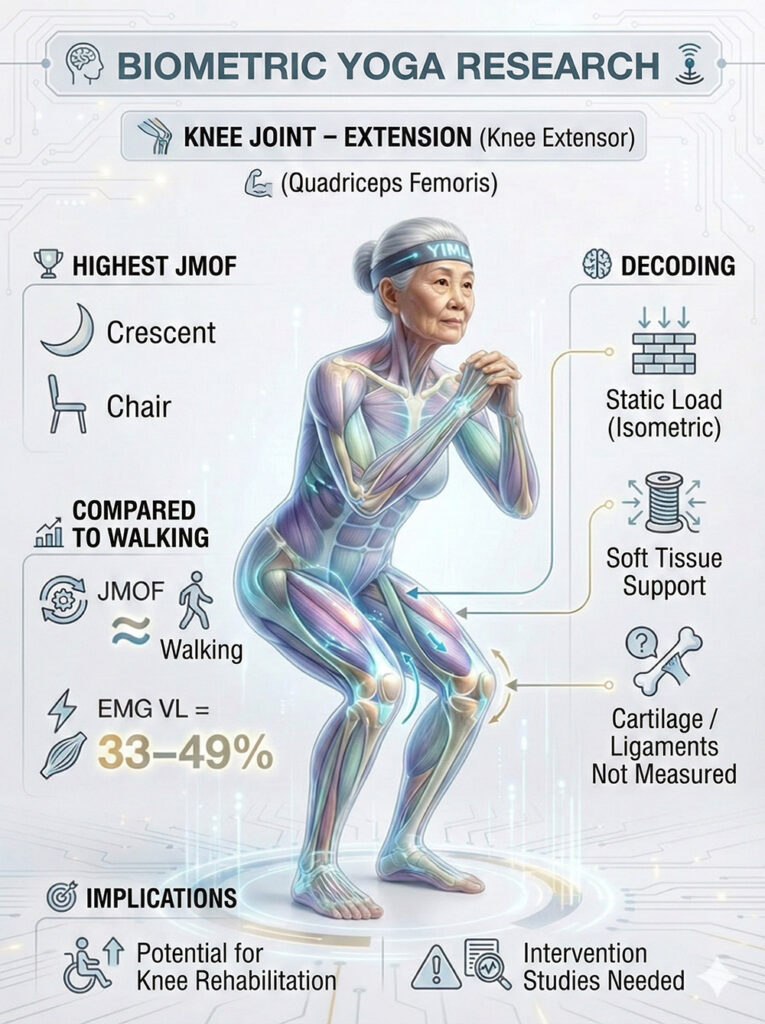Biometric yoga research infographic on knee extensors (Quadriceps), identifying Crescent and Chair poses with peak JMOF and 33-49% EMG VL activation for potential isometric knee rehabilitation