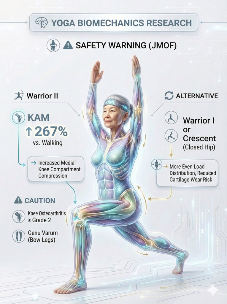 Biomechanical safety warning for Warrior II in seniors, showing a 267% increase in Knee Adduction Moment (KAM) and recommending Warrior I or Crescent as closed-hip alternatives to reduce medial compartment compression and cartilage wear.