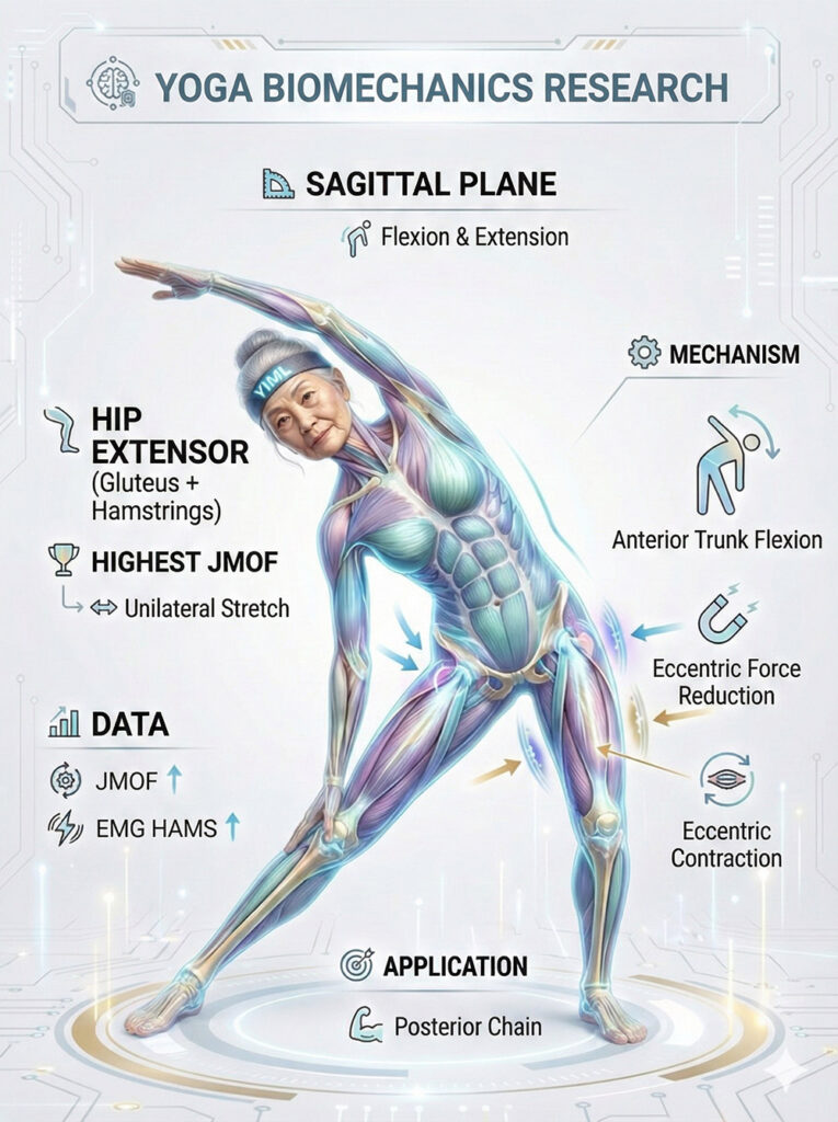 Biomechanical infographic of Sagittal plane hip extensor mechanics in seniors, illustrating high JMOF and Hamstring EMG activation during unilateral side stretch through eccentric contraction and trunk flexion.