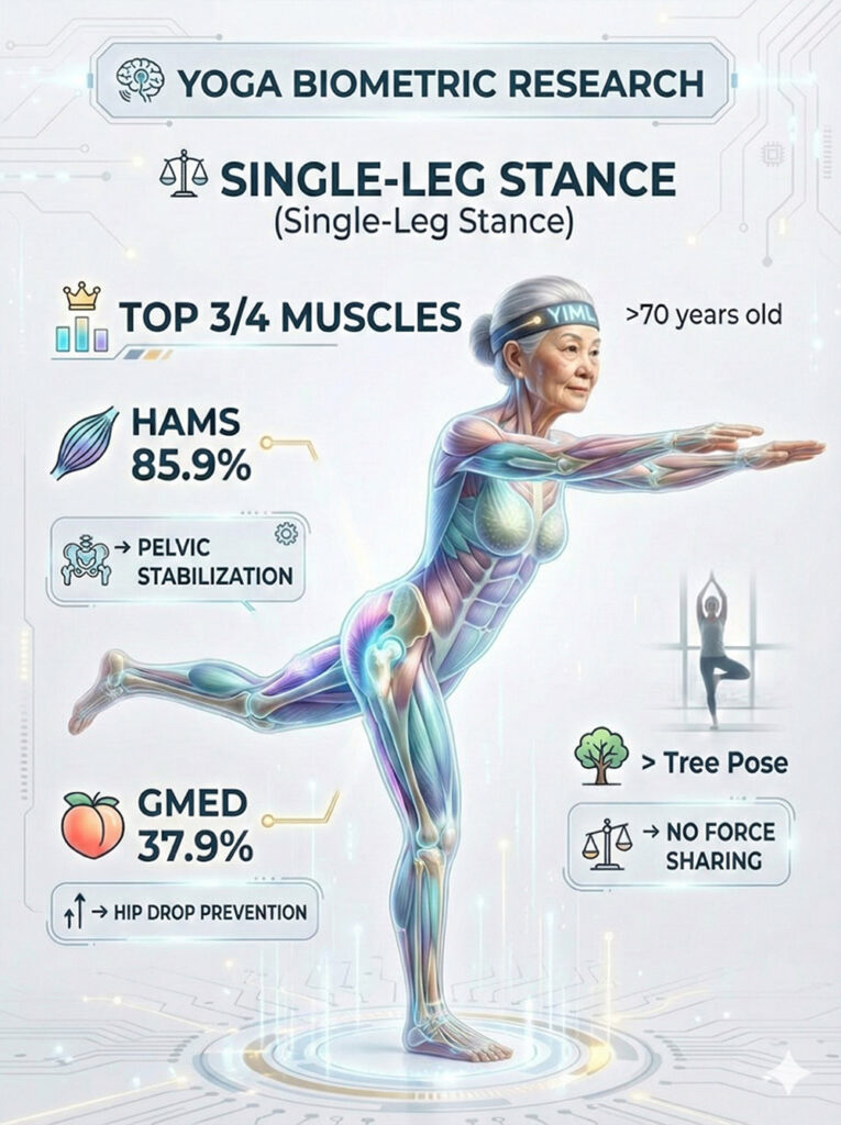 Biomechanical infographic of Single-leg stance in seniors, highlighting peak EMG recruitment for Hamstrings (85.9%) and Gluteus Medius (37.9%) for pelvic stabilization and hip drop prevention