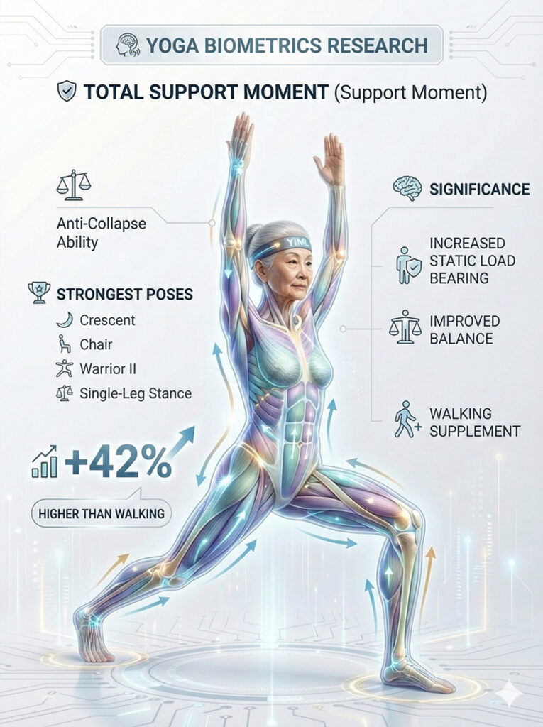 Biomechanical infographic of Total Support Moment in yoga for seniors, showing +42% higher anti-collapse ability than walking, with Crescent and Chair identified as the strongest poses
