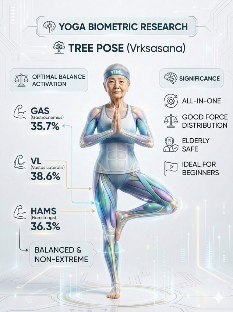 Biomechanical analysis of Chair pose (Utkatasana), showing peak VL activation (49.2%) and identifying anterior-posterior muscle imbalance for knee joint caution