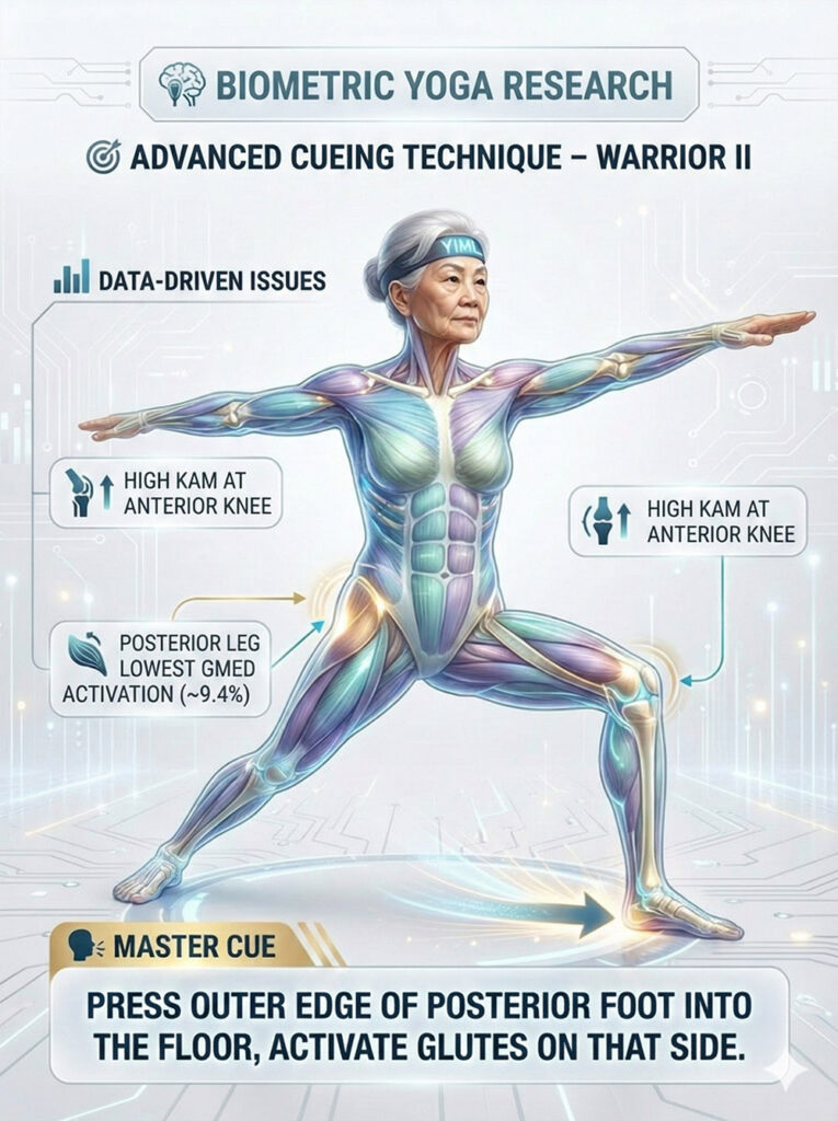 Advanced biomechanical cueing for Warrior II in seniors, addressing high KAM at the anterior knee and low posterior GMED activation (~9.4%) with a master cue to press the outer edge of the back foot for gluteal engagement.