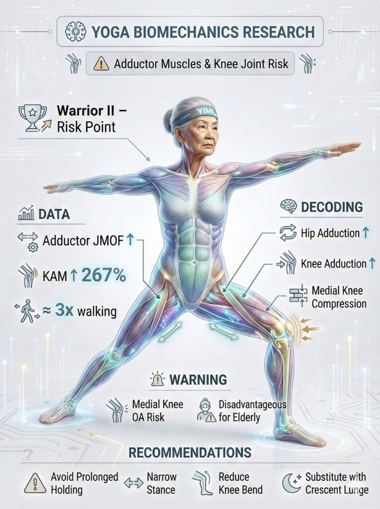 Biomechanical risk analysis of Warrior II pose in seniors, showing a 267% increase in Knee Adduction Moment (KAM) relative to walking, signaling potential medial knee compression and osteoarthritis risk.