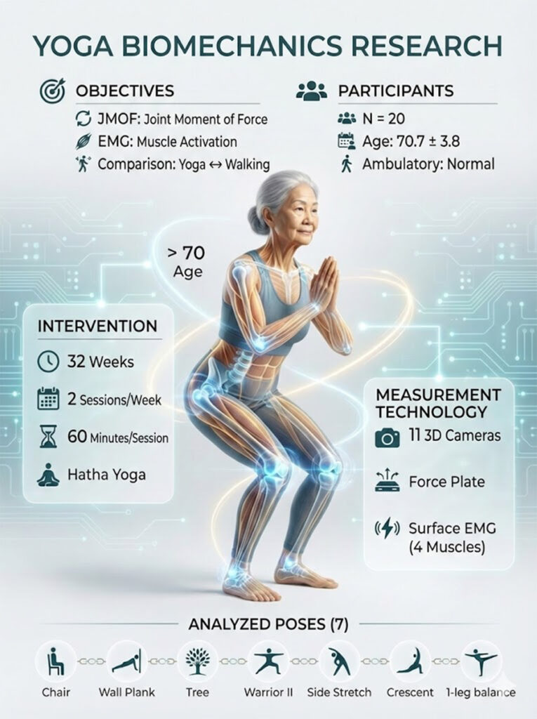 Infographic of yoga biomechanics methodology for seniors, detailing JMOF and EMG analysis of 7 Hatha poses using 3D motion capture and force plates.