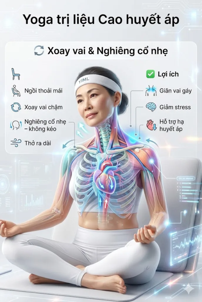 ngồi nghiên cổ nhẹ nhàng Giải tỏa trực tiếp sự co cứng ở vùng vai gáy, một trong những nguyên nhân chính gây ra stress và tăng huyết áp.