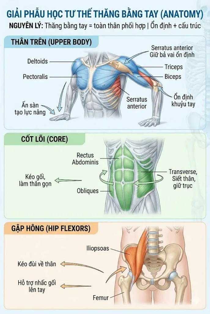 các cơ chính tham gia trong tư thế thăng bằng tay