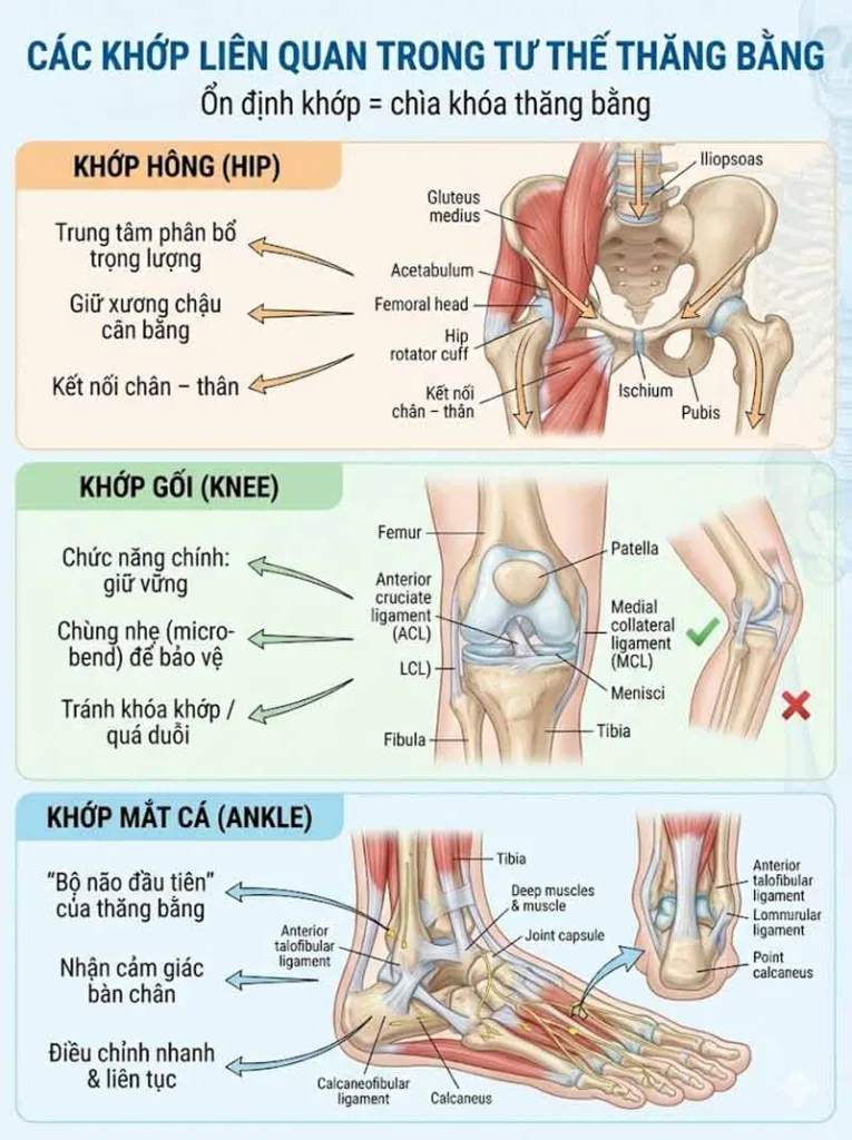các khớp được sử dụng trong các tư thế thăng bằng chân
