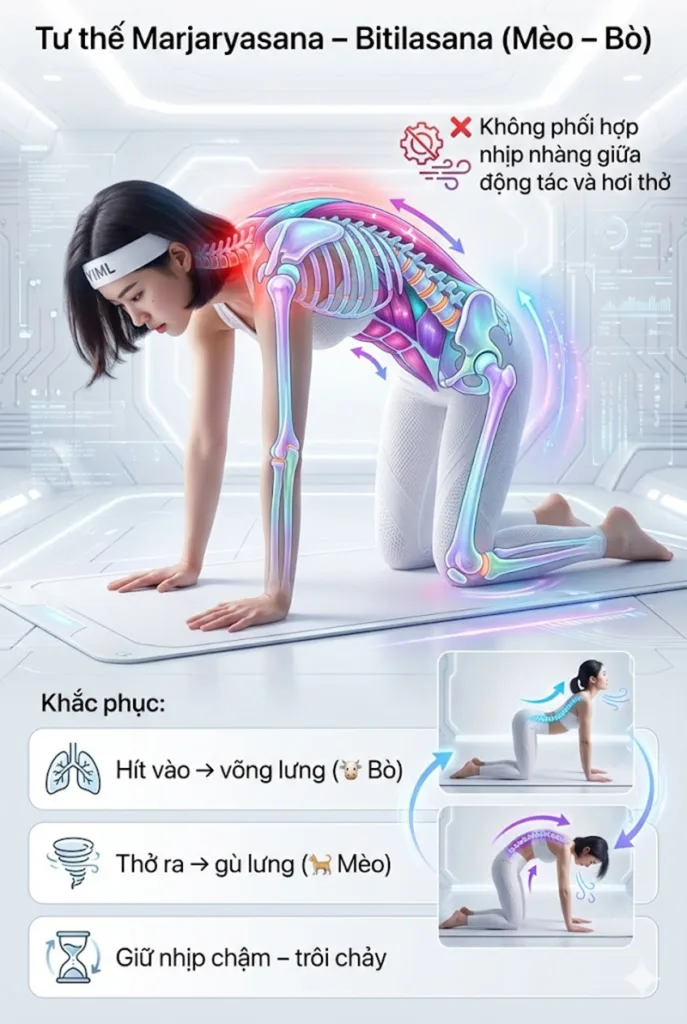 Lỗi Không phối hợp nhịp nhàng giữa động tác và hơi thở khi thực hành tư thế mèo bò