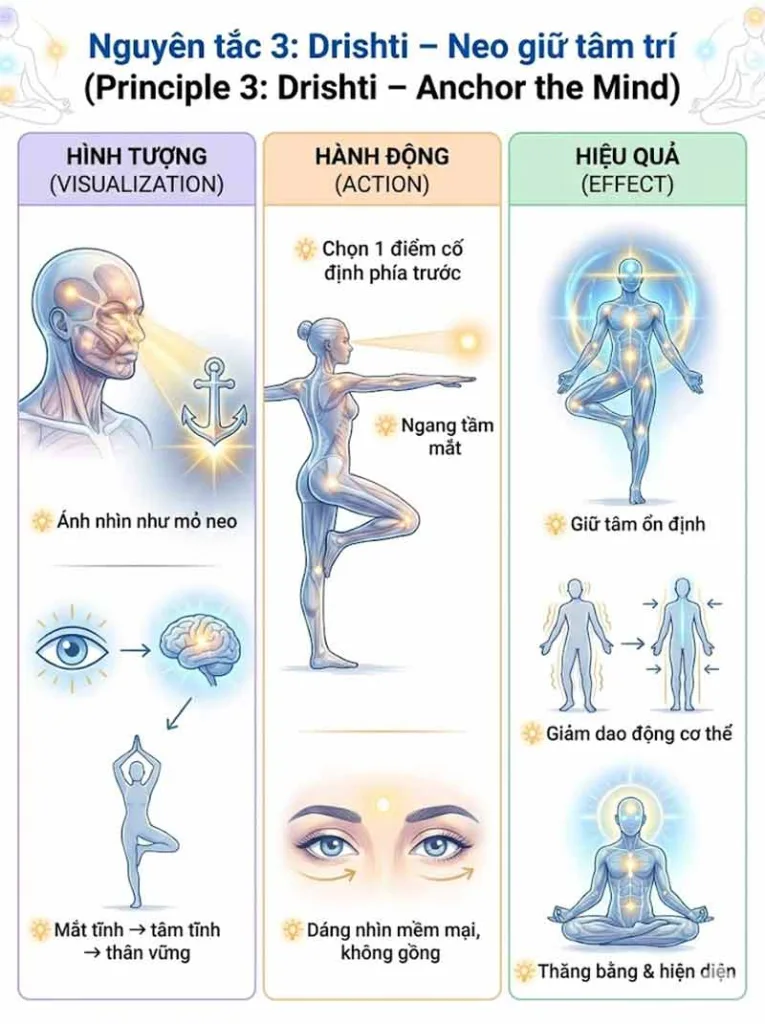 nguyên tắc neo giữ tâm trí, tập trung vào điểm nhìn trong tư thế thăng bằng