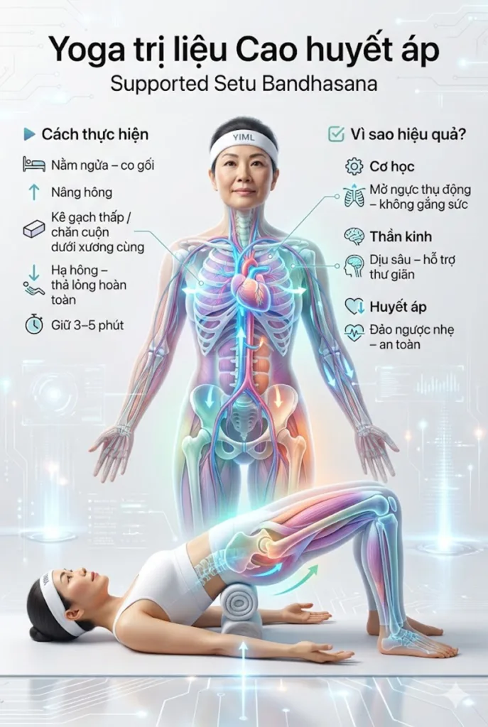 Tư thế Cây cầu có hỗ trợ (Supported Setu Bandhasana) cho người cao huyết áp