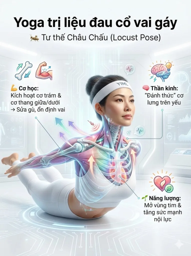 Tư thế Châu chấu Biến thể (Salabhasana Variation) trị liệu đau cổ vai gáy