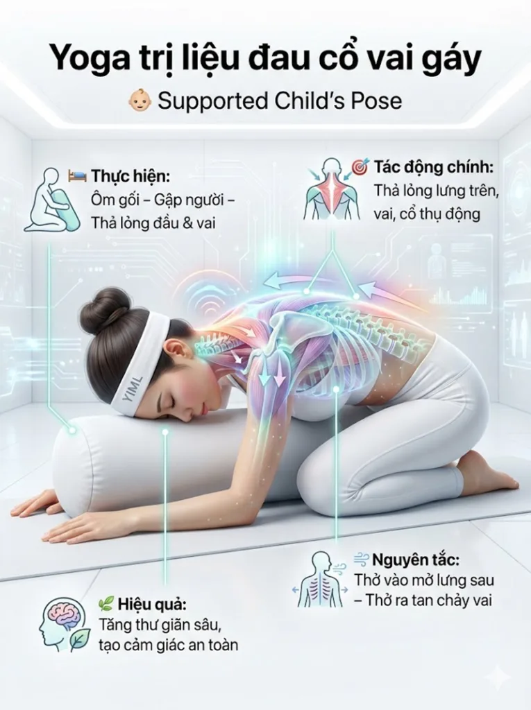 Tư thế Em bé có hỗ trợ (Salamba Balasana) trị liệu đau cổ vai gáy