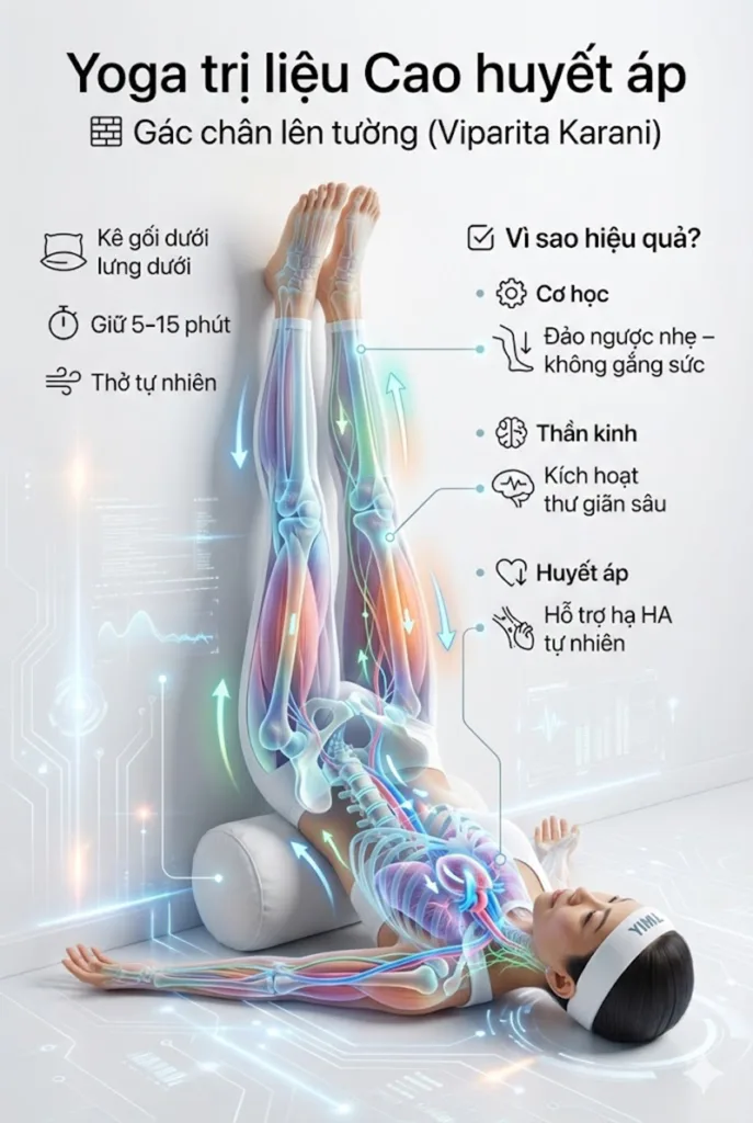 Tư thế Gác chân lên tường (Viparita Karani) là lựa chọn tối ưu để thay thế các tư thế đảo ngược mạnh cho người cao huyết áp