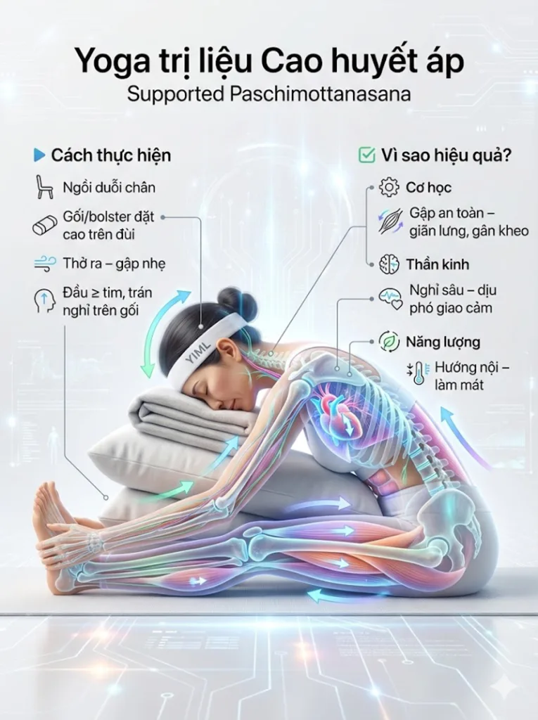 Tư thế Gập người về phía trước có hỗ trợ (Supported Paschimottanasana) rất phù hợp cho người cao huyết áp