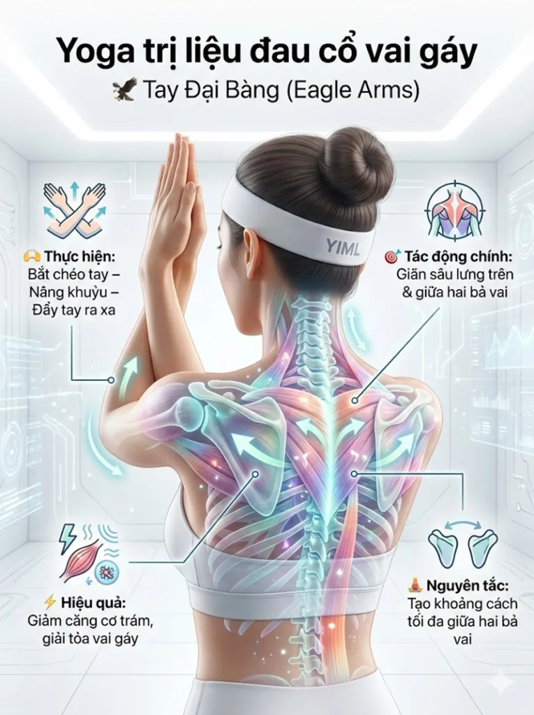Tư thế Tay Đại bàng (Garudasana Arms) trị liệu đau cổ vai gáy