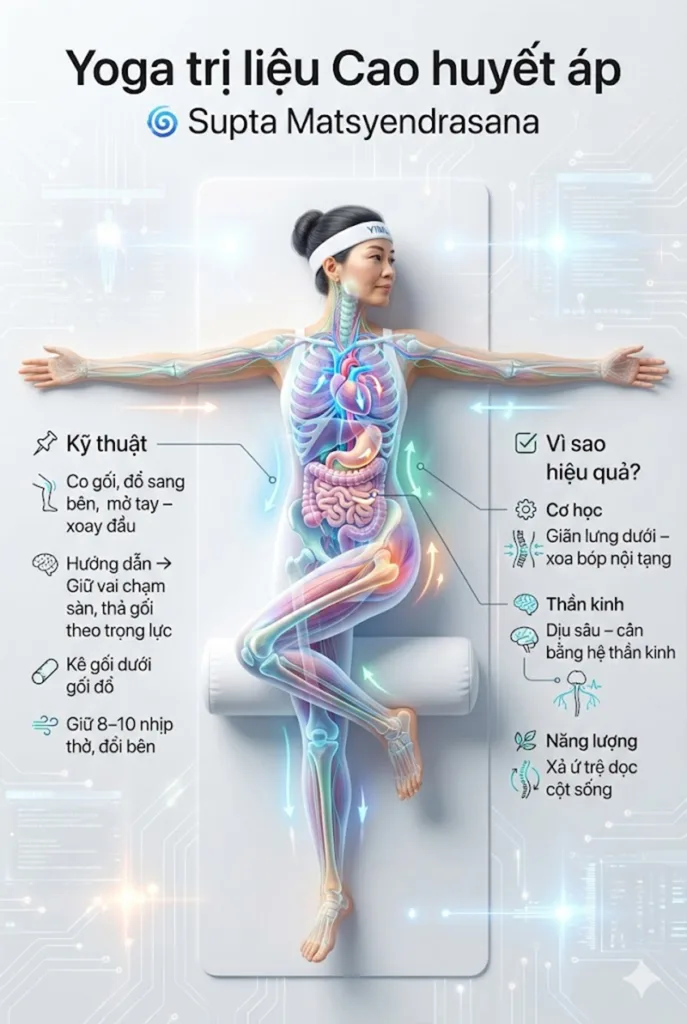 Tư thế Vặn mình nằm ngửa (Supta Matsyendrasana) là lựa chọn tối ưu cho người cao huyết áp