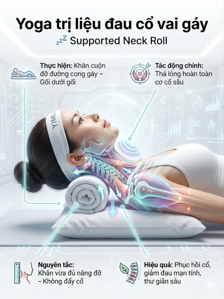Tư thế Xác chết có Hỗ trợ Cổ (Supported Savasana with Neck Roll) trị liệu đau cổ vai gáy