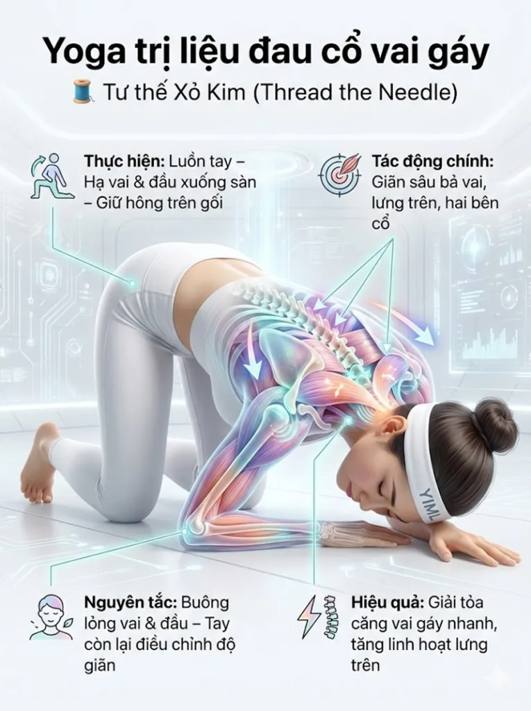 Tư thế Xỏ kim (Parsva Balasana) trị liệu đau cổ vai gáy