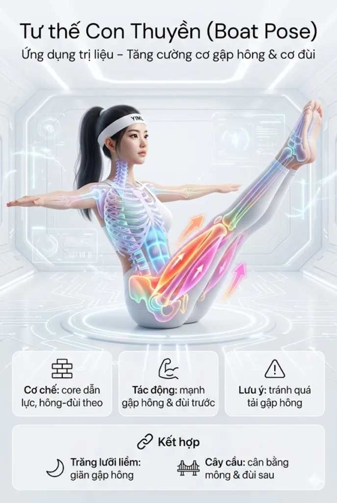 Ứng dụng trị liệu tư thế con Thuyền (Paripurna Navasana) Tăng cường sức mạnh cho cơ gập hông và cơ đùi
