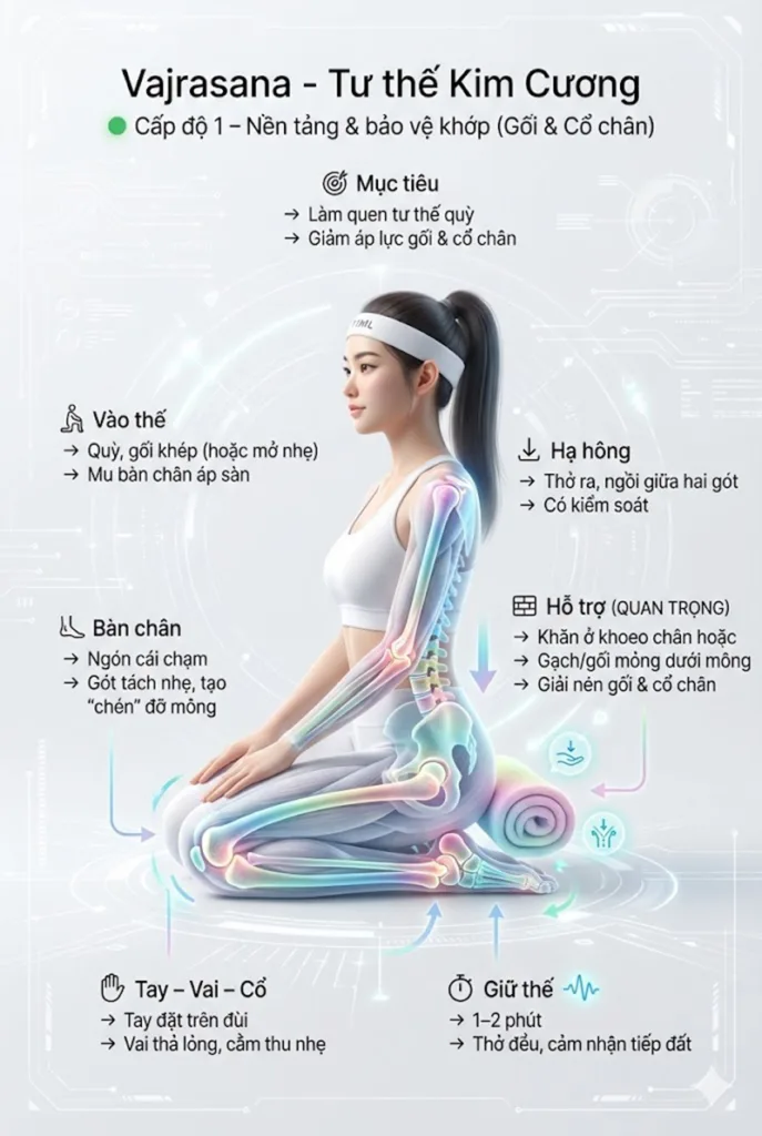 Hướng dẫn thực hiện tư thế ngồi quỳ kim cương (Vajrasana) cấp độ cơ bản