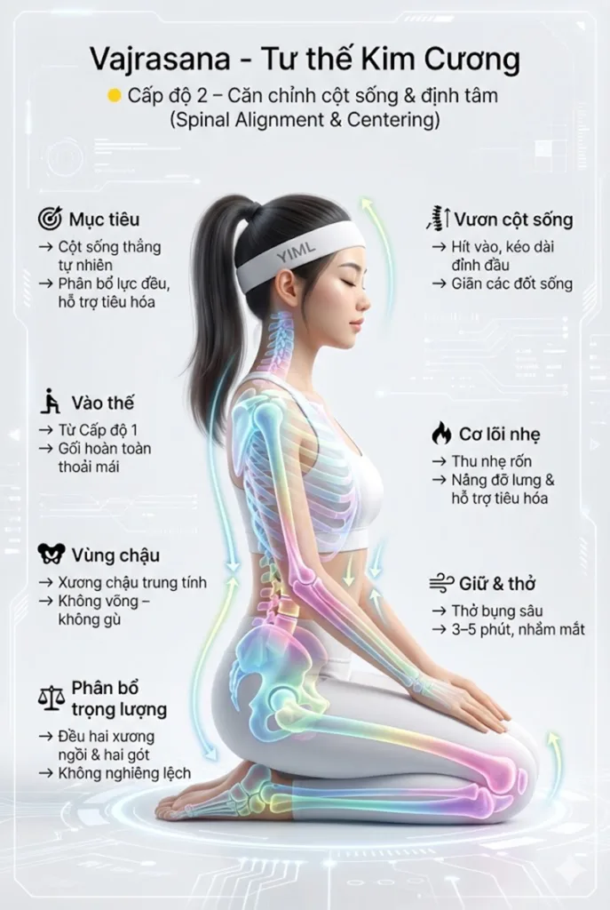 Hướng dẫn thực hiện tư thế ngồi quỳ kim cương (Vajrasana) cấp độ Căn chỉnh cột sống và định tâm