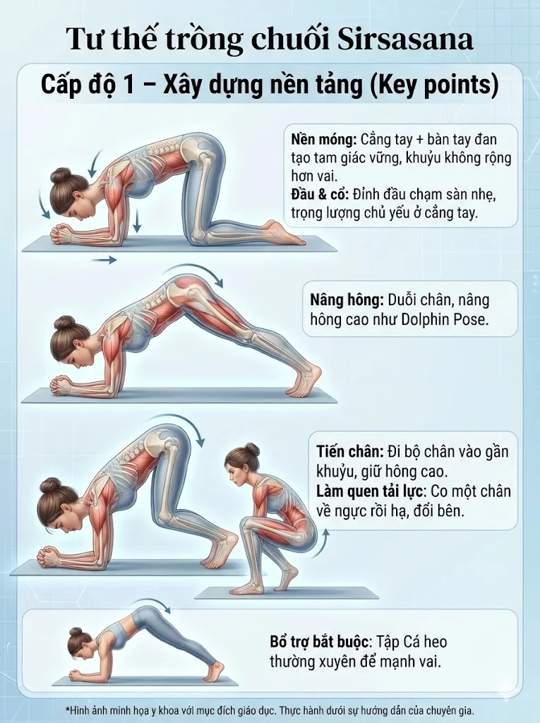 Hướng dẫn thực hiện tư thế Trồng chuối (Sirsasana) Cấp độ 1: Xây dựng nền tảng và sức mạnh (chuẩn bị)