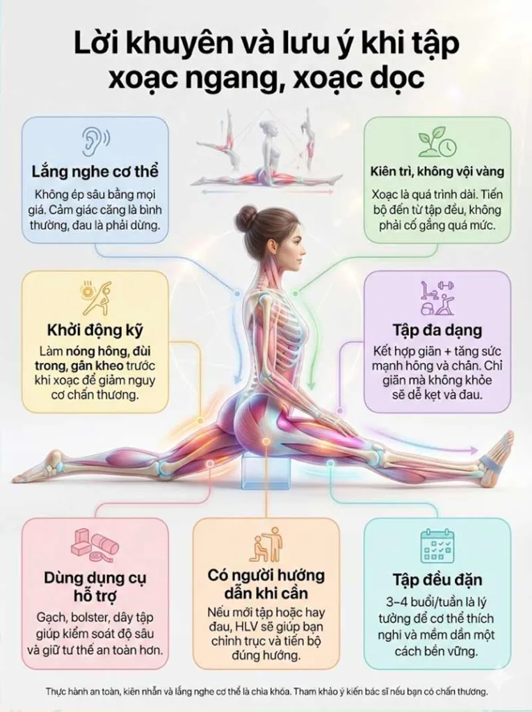 Lời khuyên và lưu ý khi thực hiện động tác xoạc ngang, xoạc dọc trong Yoga