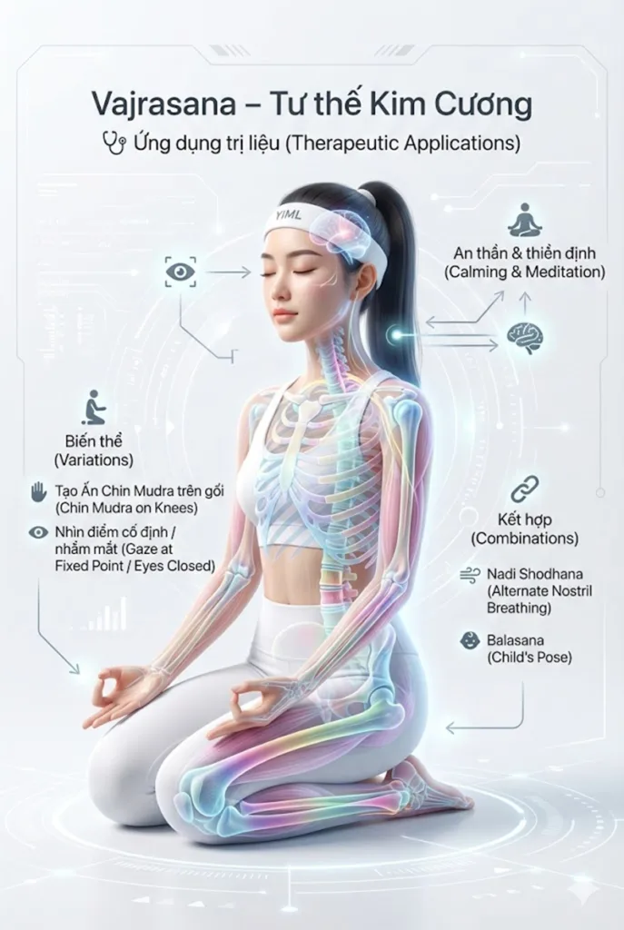 Ứng dụng trị liệu Làm dịu hệ thần kinh và ổn định tâm trí (Thiền định) của tư thế Kim Cương (Vajrasana)