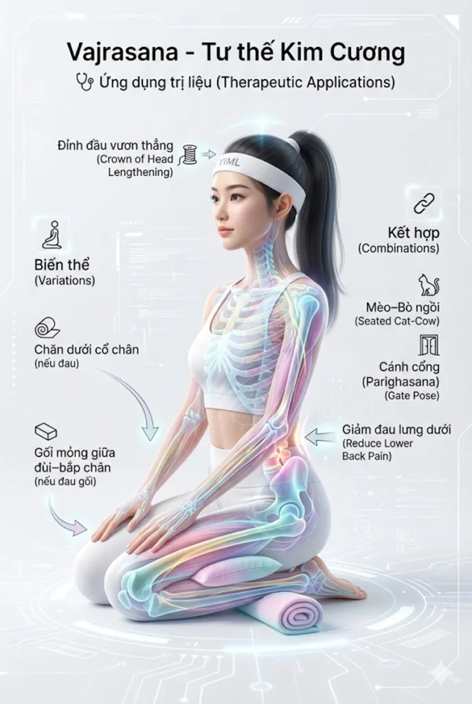 Ứng dụng trị liệu Điều chỉnh cột sống và giảm đau lưng dưới của tư thế Kim Cương (Vajrasana)