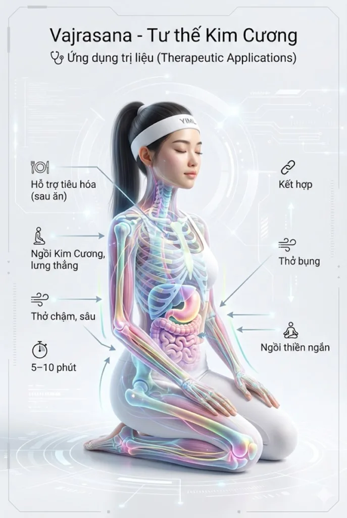 Ứng dụng trị liệu Hỗ trợ tiêu hóa và giảm đầy hơi (Sau khi ăn) của tư thế Kim Cương (Vajrasana)
