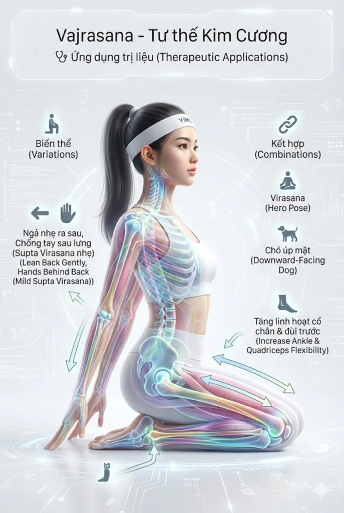Ứng dụng trị liệu Tăng độ linh hoạt cho cổ chân và đùi trước của tư thế Kim Cương (Vajrasana)