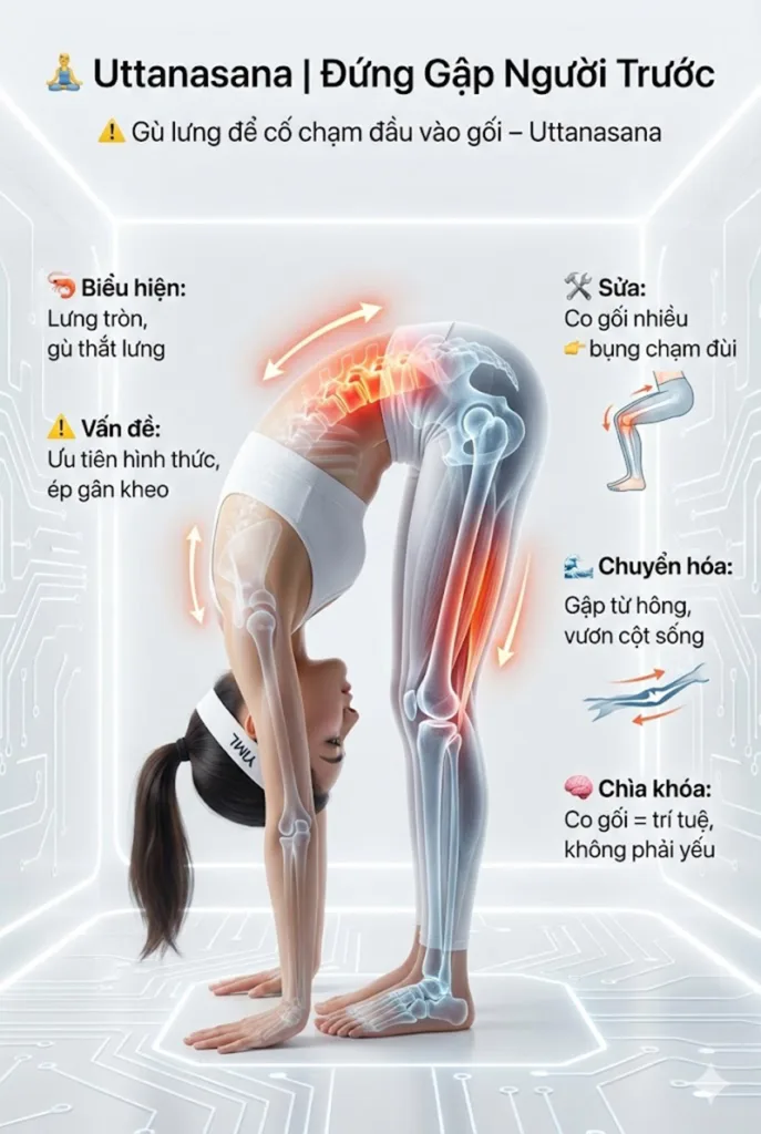 Lỗi Gù lưng để cố gắng chạm đầu vào gối tư thế Đứng gập người về phía trước uttanasana