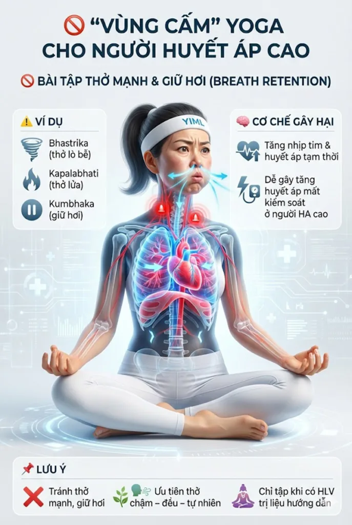 người cao huyết áp nên tránh tuyệt đối các Bài tập thở mạnh, giữ hơi thở (Breath Retention Poses)