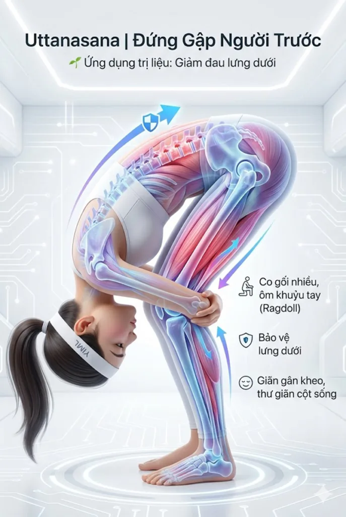 Ứng dụng trị liệu tư thế Đứng gập người về phía trước Kéo giãn gân kheo, bắp chân và giảm đau lưng dưới