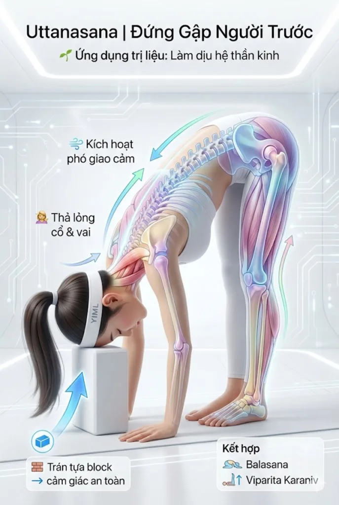 Ứng dụng trị liệu tư thế Đứng gập người về phía trước Kéo giãn gân kheo, bắp chân và giảm đau lưng dưới
