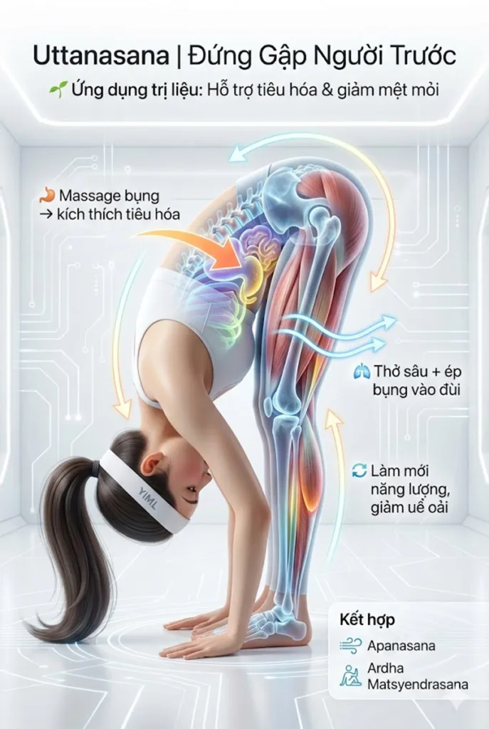 Ứng dụng trị liệu tư thế Đứng gập người về phía trước Hỗ trợ tiêu hóa và giảm mệt mỏi nhẹ