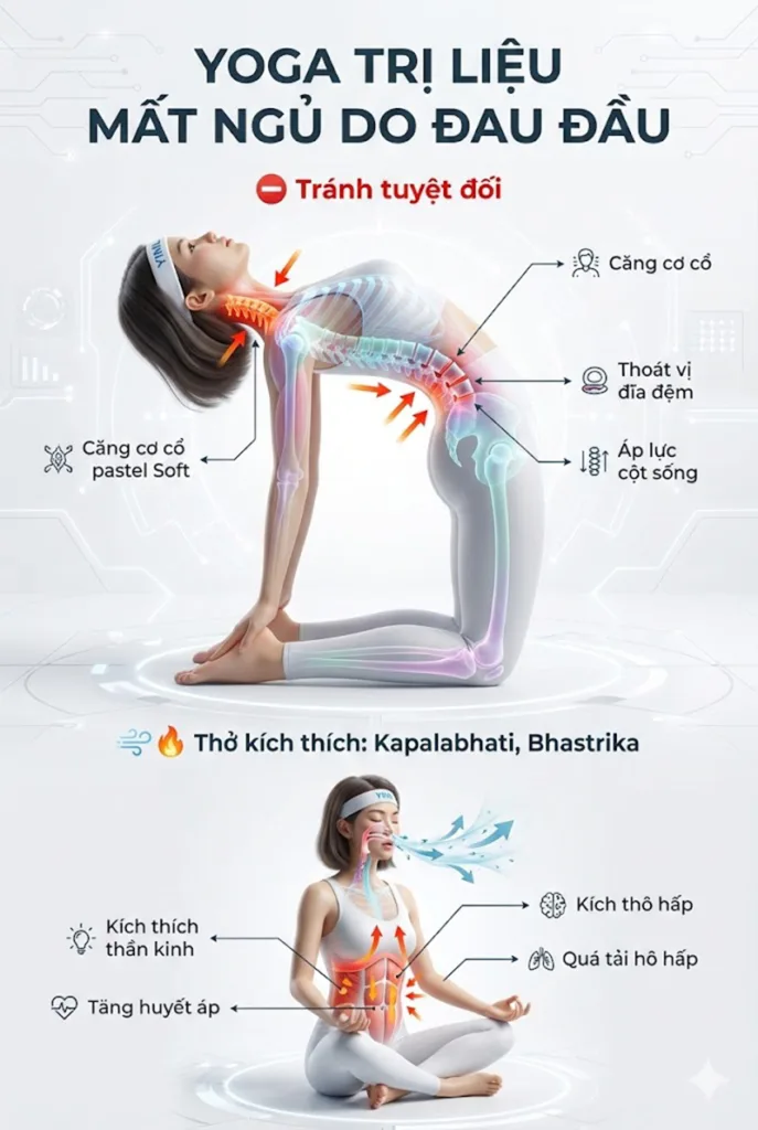 Chống chỉ định tuyệt đối Các Tư thế Ngả sau Sâu & Không Nâng đỡ khi thực hành yoga trị liệu đau đầu do mất ngủ