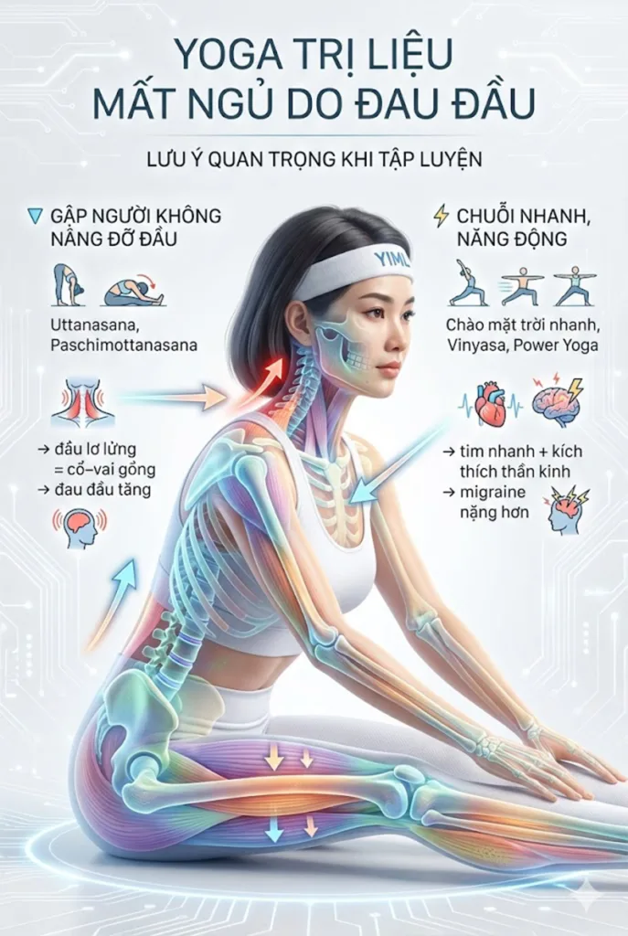 Chống chỉ định tuyệt đối Các động tác Gập người về phía trước mà không nâng đỡ đầu  khi thực hành yoga trị liệu đau đầu do mất ngủ