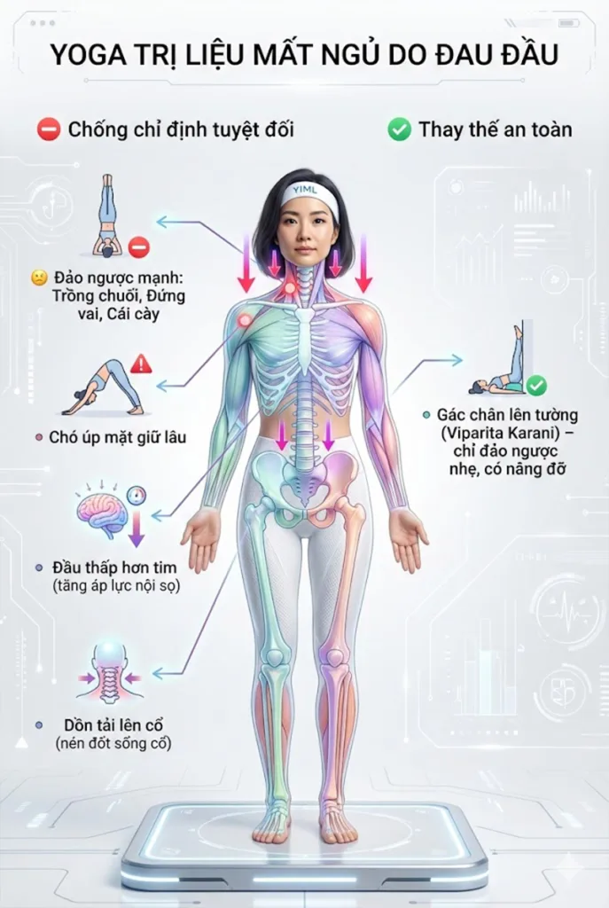 Chống chỉ định tuyệt đối Các Tư thế Đảo ngược Mạnh  khi thực hành yoga trị liệu đau đầu do mất ngủ