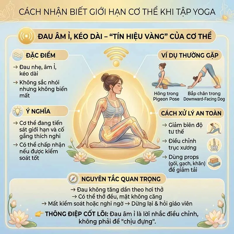 Cách nhận biết giới hạn cơ thể khi thực hiện tư thế yoga là cảm giác đau âm ỉ kéo dài