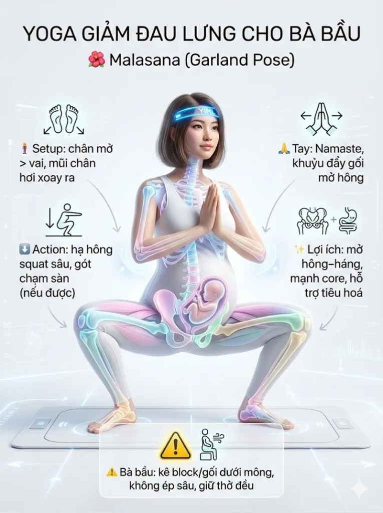 Tư thế Malasana (Garland Pose) giảm đau lưng, đau hông cho bà bầu