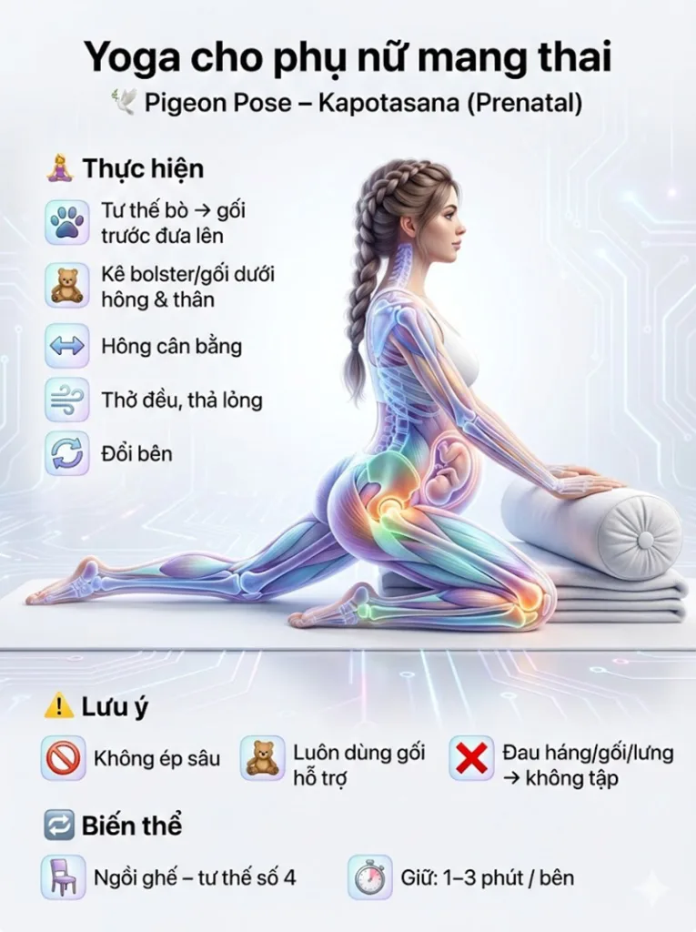 Tư thế Chim Bồ Câu (Pigeon Pose - Kapotasana) (Biến thể cho bà bầu) bài tập mở khớp háng cho phụ nữ mang thai